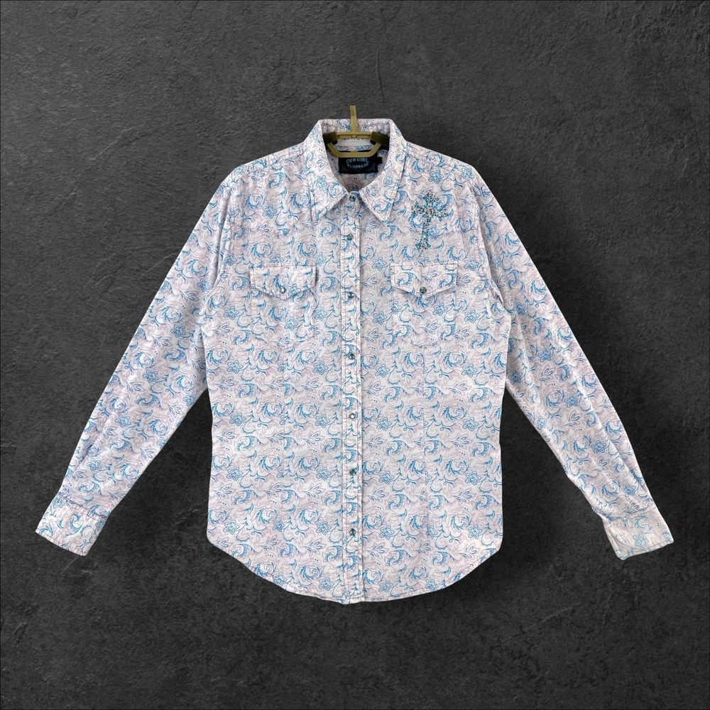 Cowgirl Hardware Shirt Womens Large White Floral Rhinestone Cross Western Top